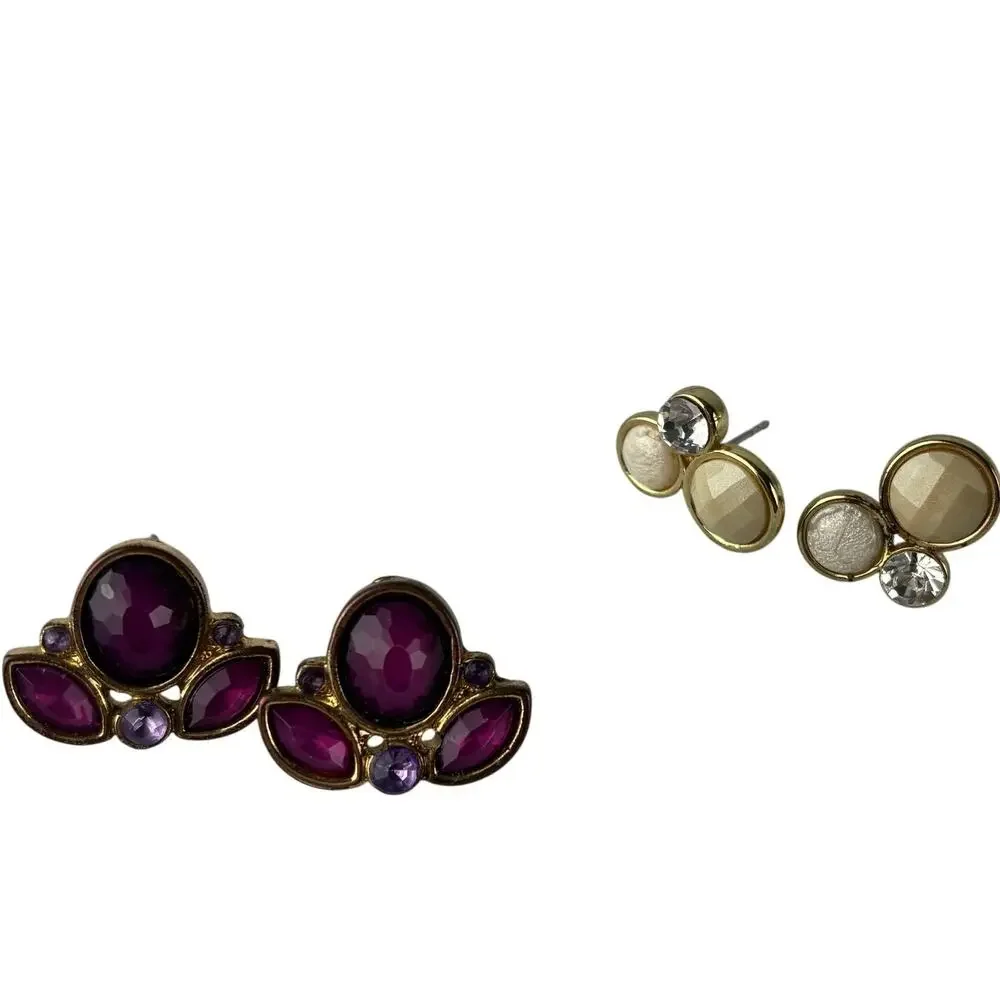 Lot Of 2 Pairs Gold Tone Purple Gem & Cream Stone Cluster Stud Earrings Womens